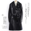 Lautaro Autumn Black Long Faux Leather Jacket Women with Many Pockets Zipper Belt Lapel Spring Leather Trench Coat for Women 210908