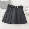أسود تنورة مطوي مع سلسلة حزام الشرير الصخرة فتاة التشجيع مربوط مصغرة تنورة بديلة النساء الإلكترونية الزي 220411