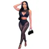Hot Sell Mesh See Through Tracksuits for Women Sleeveless Hollow Out Crop Top and Splice Pants Slim 2 Piece Set X1161