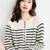 Ladies Knit Sweater Crew Neck Half Cardigan Casual Fashion Versatile Horizontal Stripes Contrast Color Long Sleeve Knit Top L220706