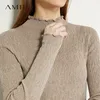 AMII minimalism Autumn Fashion Women Sweater Solid Pleated Slim Fit Turtleneck tröja Kvinna Pullover Tops 12060102 201128