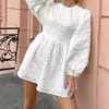 Wotwoy Spring Summer Casual White Dres Backless Chiffon Mini Dresses Female Puff Sleeve Sexy Party Vestidos 220702