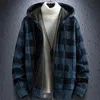 Herrtröjor Herrens höst Winter Plaid Casual Hooded Cardigan Cashmere Tjockning Varm tröja Male dragkedja Lägg till ull stickad jacka coatme