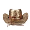 Berets Men Kobiety skóra Kowboja Western Cowboy Hats Outdoor Gold Rill Brim Jazz Hat Sombrero Hombre Cowgirl Punk Belt Rozmiar 58-59cmberets