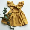 Girls Dresses Kids Designer Clothes Bowknot Princess Backless Dress Baby Fly Sleeve Cotton Linen A-Line Dress Child Boutique Clothing