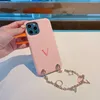 ブランドvプリントフォネケース高級デザイナー電話ケースiPhone 13Pro Max X XSMAX 11 12Pro女性ハンドバッグケースゴールドチェーンピンク電話カバー