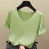 ニット半袖シャツの女性トップソリッド韓国夏のTシャツ薄いVネックニットメスティーカジュアルT 13539 220402