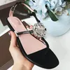 Luxury Designer Crystal Shiny Flat Heel Sandals Black Gold Silver Leather Anti-Slip Rubber Sole Ladies Outdoor Beach Flip Flop