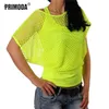 Courte manches décontractée néon vert sexy creux couvre-maillée couverture t-shirt et débardeurs femmes grille de mode blusa pr1005g 220316