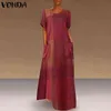 Vonda 2022 Vintage patchwork plaid maxi jurk vrouwen Boheemse vesten vakantie strandjurk casual zomer zomerdress g220510