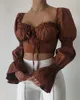 Wsevypo Puff manga larga volantes con cordones camiseta elegante moda mujer cuello cuadrado bustiers crop tops otoño ropa de invierno 220810