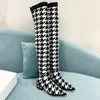 Kvinnors nya modestövlar Autumn Winter Stretch Knit Sock Coin Ankle Over Kne Thigh High Boots Low Heel Pointed Toe