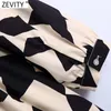 Zevity Women Vintage Contrast Färg Geometrisk Utskrift Platser Midi Shirt Klänning Kvinna Chic Slå ner Krage Business Vestido DS8767 220406