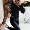 Kvinnor Turtleneck Kläder Långärmad Leopard Tryckt T-shirt Femme Slim Fit Casual Ladies Stitching Button Topps Autumn Mujer 220408