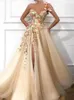 Elegant One Shoulder Tulle A Line Long Prom Dresses 3D Floral Lace Applique Beaded Split Floor Length Formal Party Evening Dresses6674856