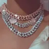 Chains 12mm Width Pink Heart Iced Out Bling 5A Cubic Zirconia Cz Choker Necklace Women Girlfriend Gift Cuban Link Chain JewelryCha335L