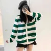 spring green and white stripe embroidered letters college style long sleeved knitted cardigan women's coat