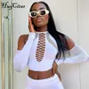 Hugcitar Lange Ärmel Solide Aushöhlen Bandage Sexy Crop Top Sommer Herbst Frauen Mode Outfits T-shirts Club Tees 220408