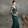 Elegant Navy Blue Mother Of The Bride Dress 2022 V Neck Beaded Lace Long Sleeve Mermaid Wedding Guest Evening Dresses Satin Groom Mom Evening Party Gown