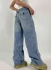 Kvinnors jeans Suchcute Korean Fashion Side Cut Out Jeans Women Low Rise Bangdage Button Up Blue Trouser Vintage Loose Denim Pants High Street T220829