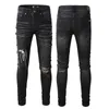 Jeans skinny neri elasticizzati per motociclista da uomo Ginocchio sottile strappato con foro Spray su lettera Paint Man Pant Splash Designer Distressed Motor Fit Cerniera lunga e dritta Hip Hop