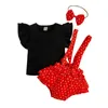 Clothing Sets Baby Girls Dot Set Ruffles Sleeve Ribbed T Shirt Tops Bowknot Printed Suspenders Shorts Headbands Outfits