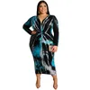 Robes grande taille XL-5XL vente en gros automne élégant 2022 robe femmes vêtements mode cravate teinture dames à manches longues col en V Sexy femmes robesplus