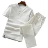 （シャツ+ズボン）到着夏のスタイルの男性綿とリネンシャツ高品質ファッションカジュアルソリッドメンズトリミングパンツ220401