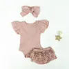 Bébé filles barboteuse vêtements ensemble né enfants mignon manches volantes tricoté barboteuses court arc bandeau côtelé gâteau Bloomers Ropa Bebe 220509