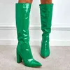 2022 Women 10.5cm High Heels Green Knee High Boots Lady Fetish Block Heels Leather Green Boots Platform Catwalk Stripper Shoes Y220729