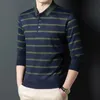 Cotton Mens Polo Shirts med långärmad höst randig collared skjorta för manlig lös passform smal polo skjorta koreanska kläder toppar 220408