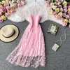 Slip Dress Long Mesh Floral Dress Women Vintage Elegant Sexy Beach Dresses Woman Party Night Korean Kawaii Ruffle Backless 220527