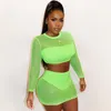 Bkld moda neon yeşil kadınlar uzun kollu seethrough frops üstleri mini etek bodycon 2 iki parça seksi kulüp kıyafetleri 220527