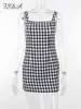 Fsda Houndstooth Tweed Dress Mini Bodycon Sexy Black Summer Fall Backless Sleeveless Women Dresses Party Elegant J220519