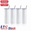 USA warehouse 20oz sublimation Tumblers Straight White Blank 304 Stainless Steel Vacuum Insulated Slim DIY Cups Car Coffee Mugs Party Gifts