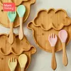 1Set Custom Baby Feeding Food Plates Bamboo Plate Овечья водонепроницаемая силиконовая вилка ложка BPA Бесплатная посуда детская посуда 220624