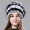 Berets Natural Fur Hat Fluffy Floral Beanie Winter Women Warm Earflap Caps Hand Sewn Female Genuine Real Hats