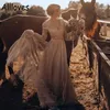 Nude Champagne Country Western Wedding Gowns Retro Cowgirl Long sleeve V-Neck Bohemian Lace Bridal Dresses Chic Sweep Train Tulle 334S