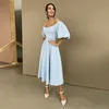 Baştan Çıkarlar Seksi Eğik Eğik Boyun Arka Midi Elbise Sonbahar Zarif Puff Yarım Kollu Bir Çizgi Uzun Parti Elbiseleri Kadınlar İçin 220402
