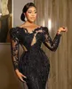 Aso Ebi Arabic Plus Size Вечерние платья Черное роскошное платье русалки с кружевным шнурным кисточником.