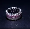 Iced Out 360 Eternity Silver Pink Bling Rings Micro Pave Zirconia 14K White Gold Hip Hop Ring مع صندوق هدية