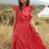シフォンドレスエレガントな夏の花柄のフローラルプリントフリルA-ラインサンドレスカジュアルカジュアルフィットフィット服女性のための赤いドレス220516