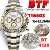 BTF Better Factory bt116503 Orologio da uomo Cal.4130 SA4130 Cronografo automatico TH 12,2 mm Quadrante bianco Indicatori di bastone Two Tone 904L Oystersteel Bracciale Eternity Orologi