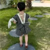 Kleidungssets Sommer Kinder Set Mädchen Schwarz-Weiß-Streifen Baumwolle V-Ausschnitt Weste Schleife Top Shorts Lässige Mode SetKleidung