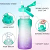 64 oz 2000ML Water Bottle with Time Marker Straw BPA Free Leak Proof Triphenylmethane Frosted Plastic 2L Large for Fitness Gym Outdoors C0617X02