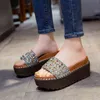 Slippers Platform Rhinestone Sandals Women Gemstone Slides Shoes Wedge String Bead Beach Bling 220530