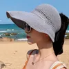Verão grande borda larga chapéu de palha mulheres uv proteger cauda praia sol chapéus oco topo dobrável fita arcos senhoras panamá bonés 220617