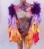 Scenkläder gnistrande färgglada diamanter kvinnor Leotard Purple Feather Ribbon Bodysuits Nightclub Costumes Drag Queen outfitstage296s