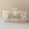 Evening Bags Pearl White With Silver Glitter Name Bride Acrylic Box Clutches Ladies Handbags Fashion Handmade Claps Beach ClutchEv250H