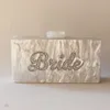 Evening Bags Pearl White With Silver Glitter Name Bride Acrylic Box Clutches Ladies Handbags Fashion Handmade Claps Beach ClutchEvening